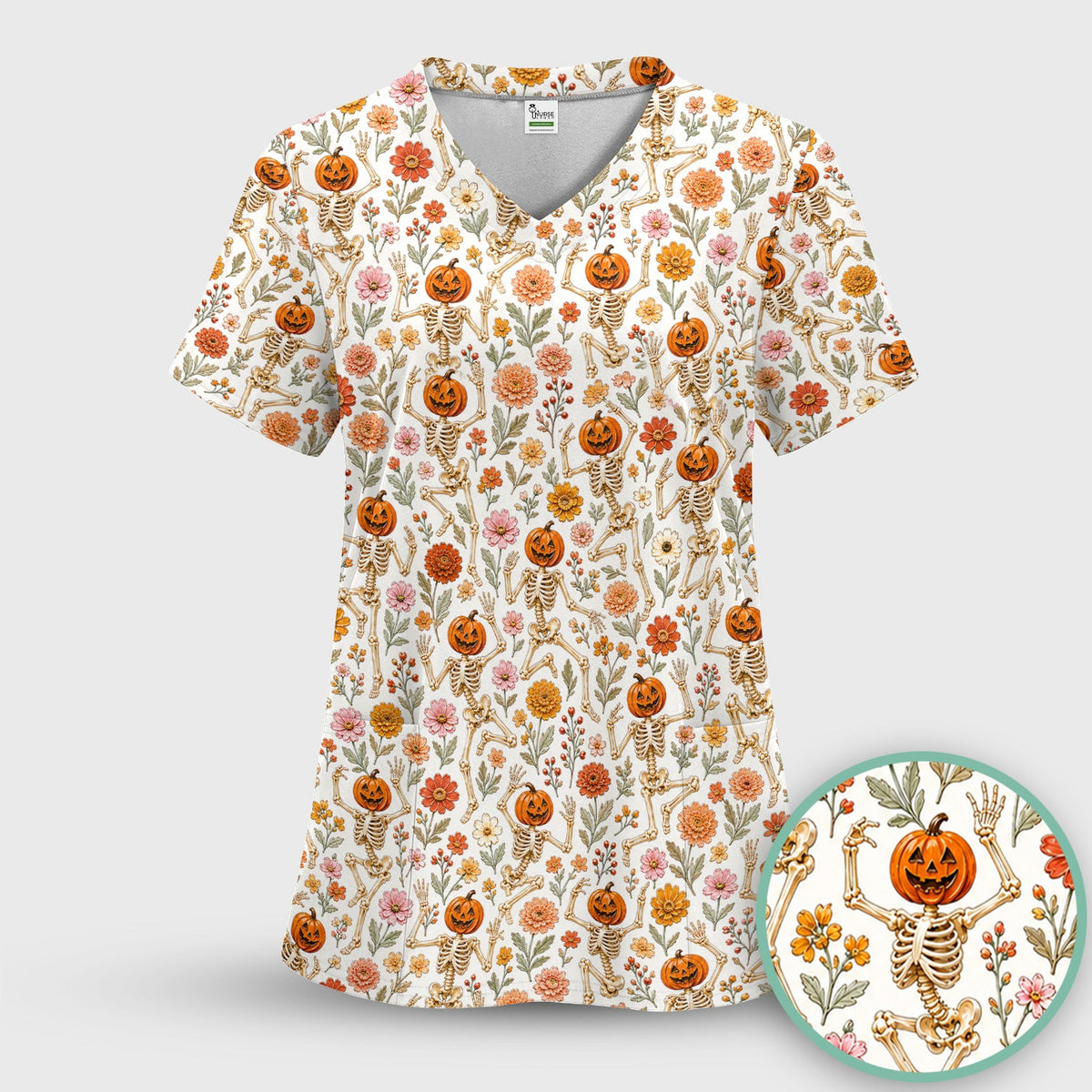 Pumpkin Skeleton Floral Nurse Scrub Top - Halloween Gift
