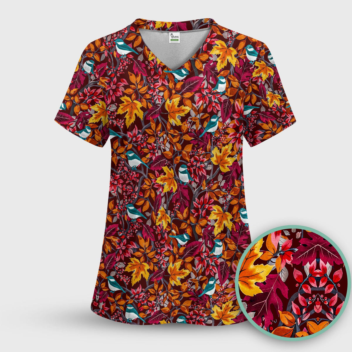 Autumn Leaves Blue Bird Nurse Scrub Set