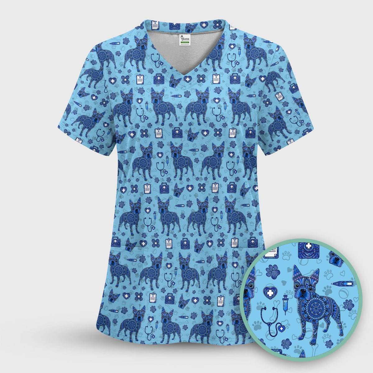 Blue Heeler Australian Cattle Dog Scrub Top, Australia Dot Art Pattern Shirt, Breathable Fabrics Nursing Uniform