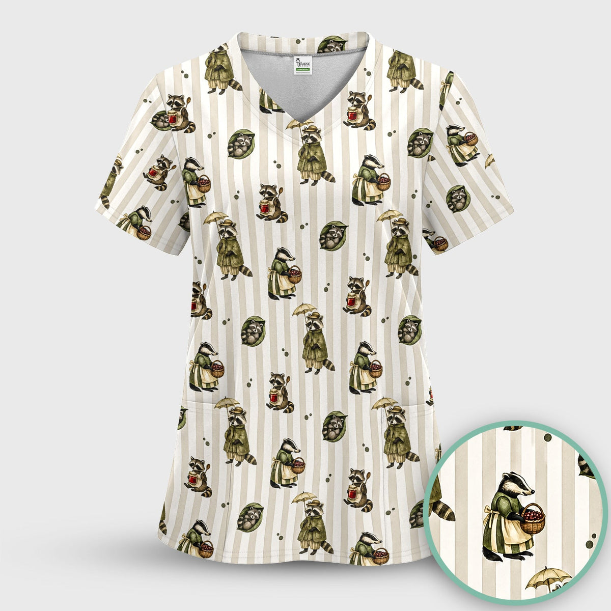 Woodland Raccoon Print Nurse Scrub Top