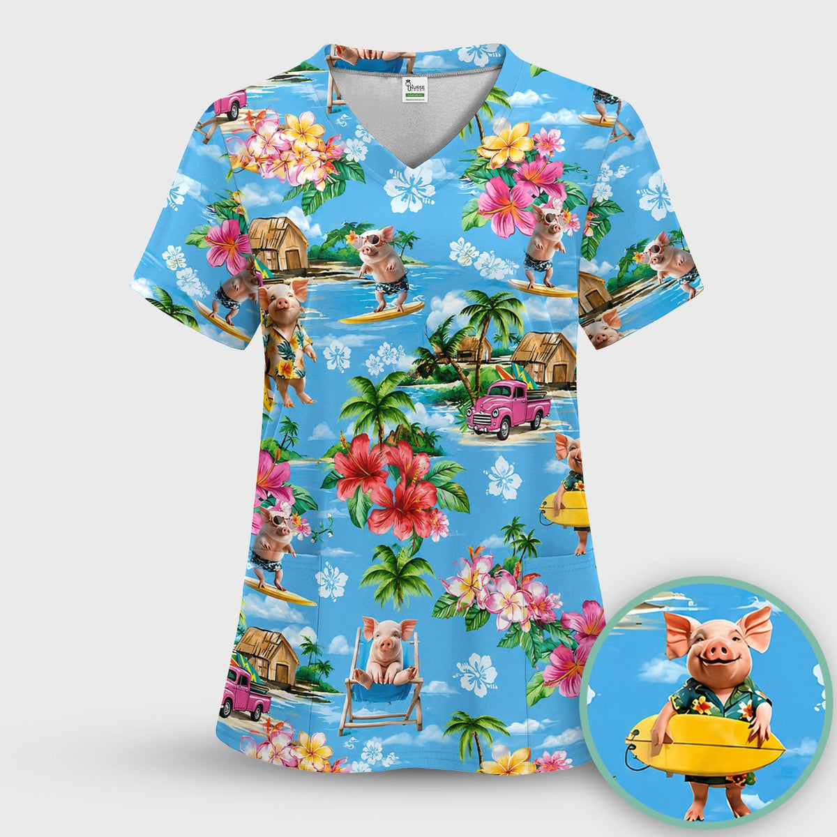 Tropical Surfing Pig Beach Nurse Scrub Set