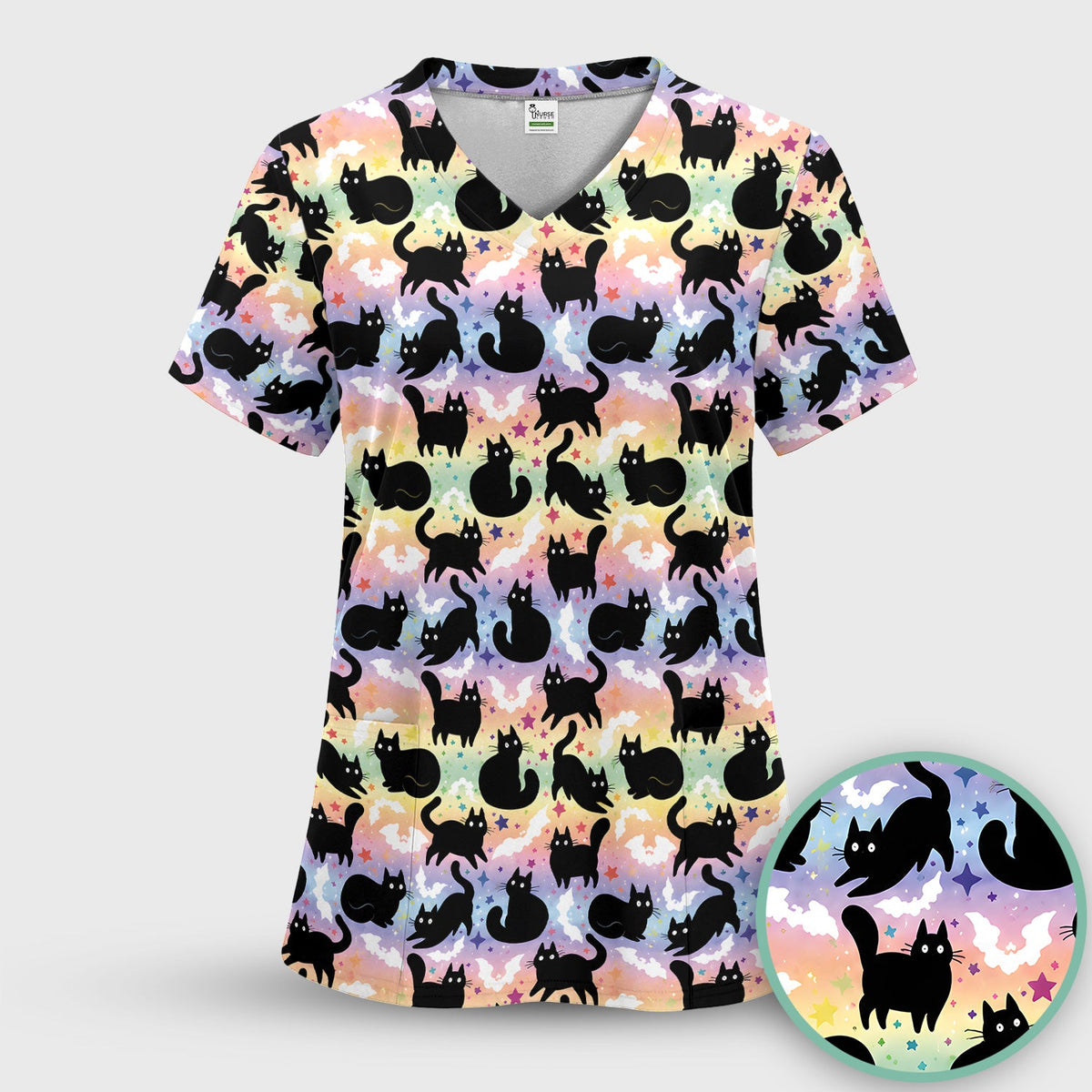 Pastel Star Black Cat Nurse Scrub Set