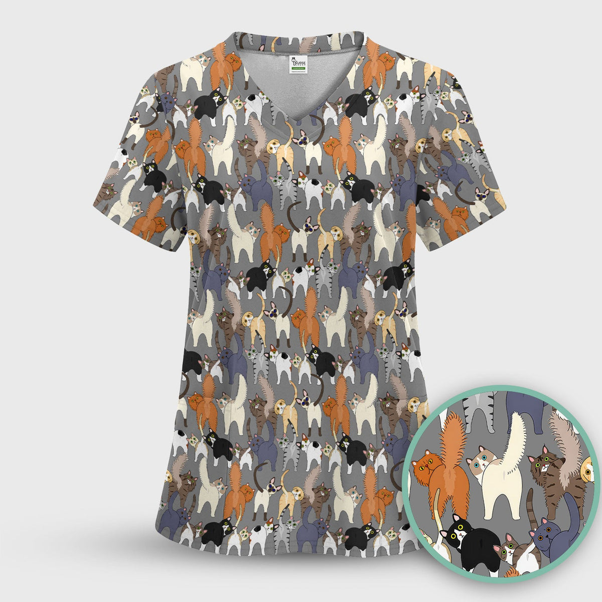 Whimsical Multicolor Cat Cartoon Nurse Scrub Set