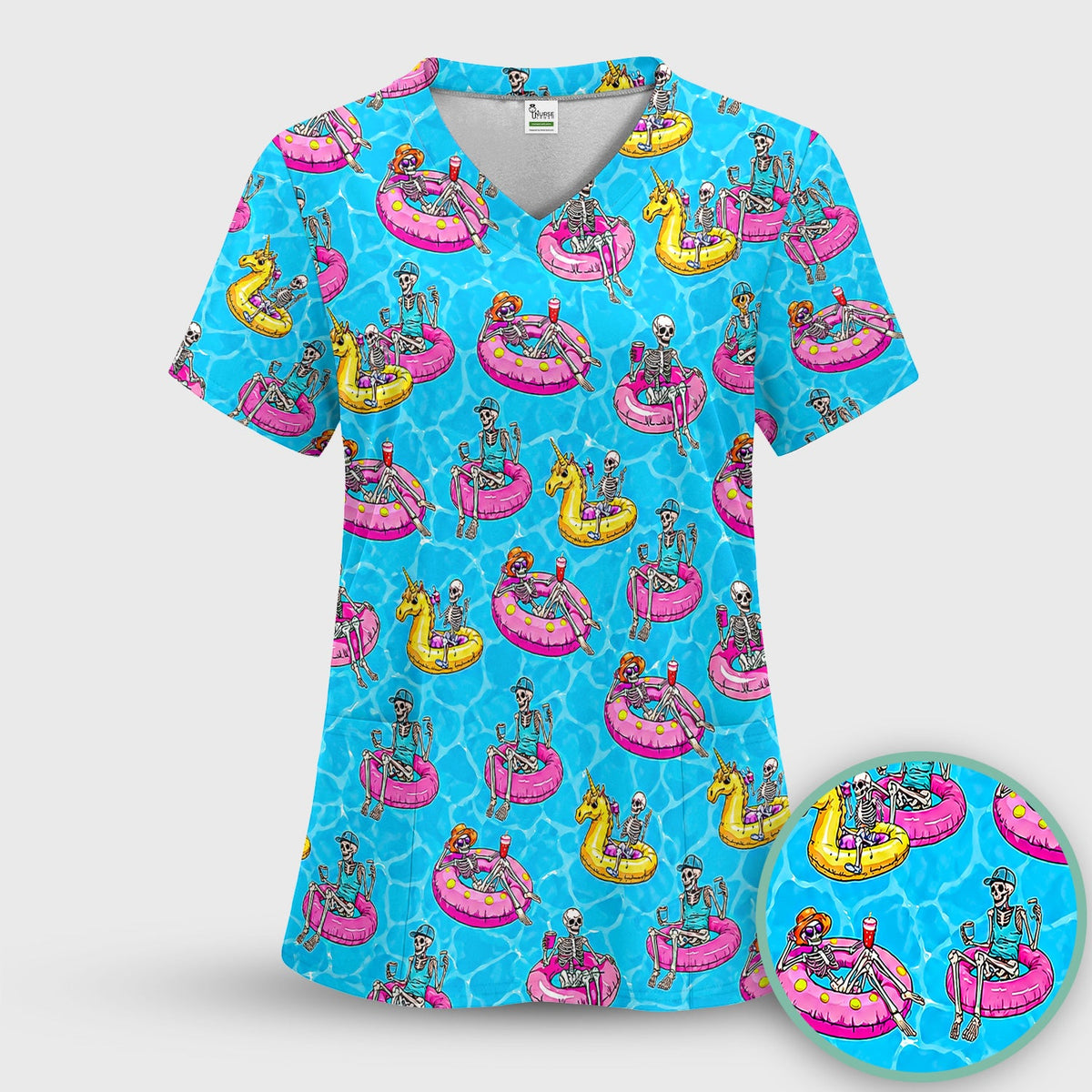 Summerween Skeleton Pool Float Nurse Scrub Top