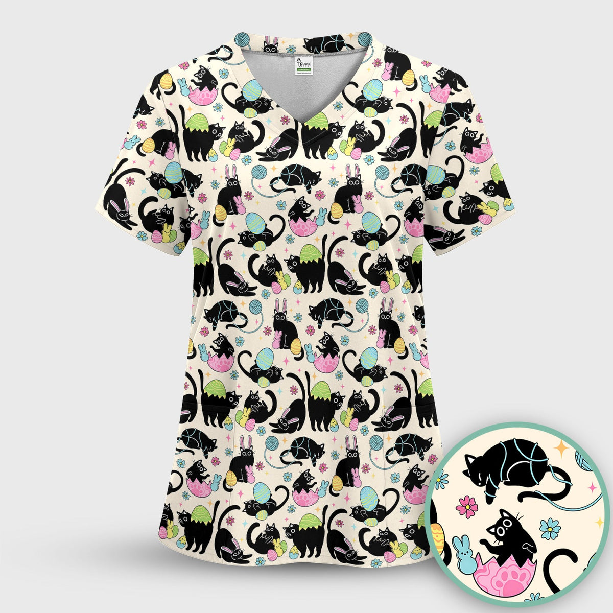 Funny Easter Black Cat Egg Pattern Scrub Set, Scrub Pants and V Neck Top