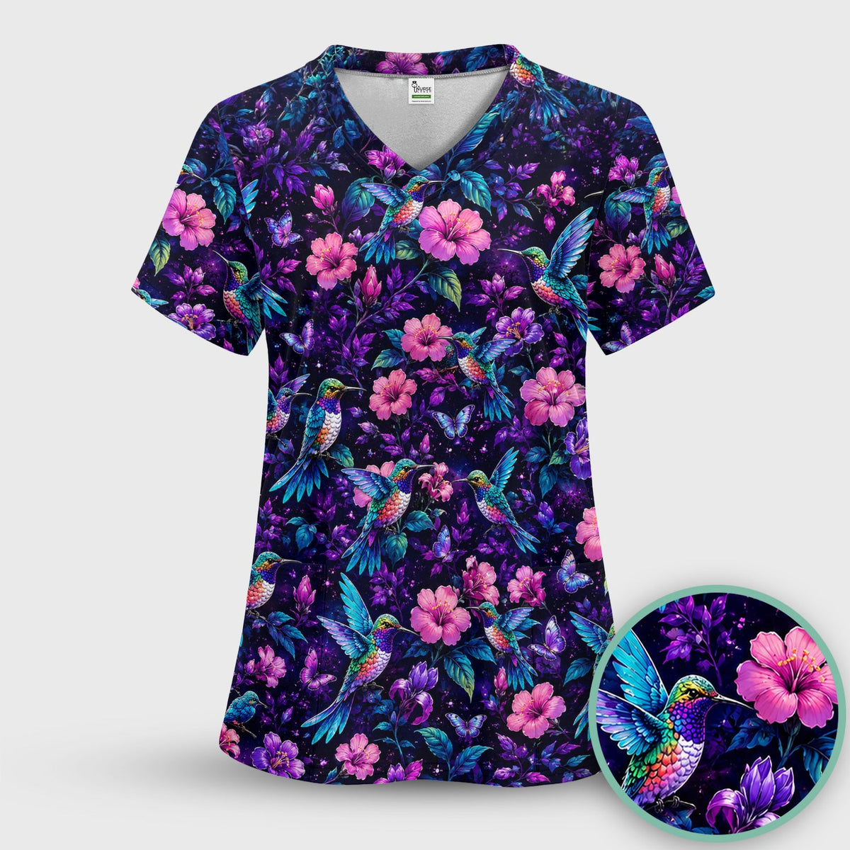 Vibrant Hummingbird Hibiscus Blossom Nurse Scrub Top