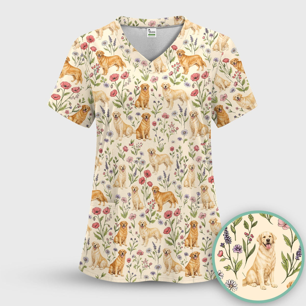 Cute Golden Retriever Floral Pattern Scrub Top, Breathable Fabrics Nursing Uniform