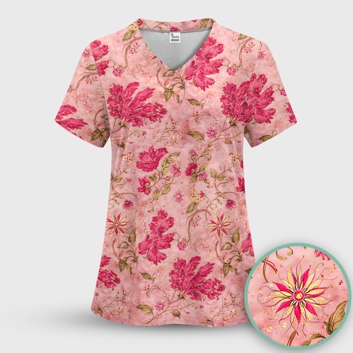 Elegant Pink Floral Vine Nurse Scrub Set