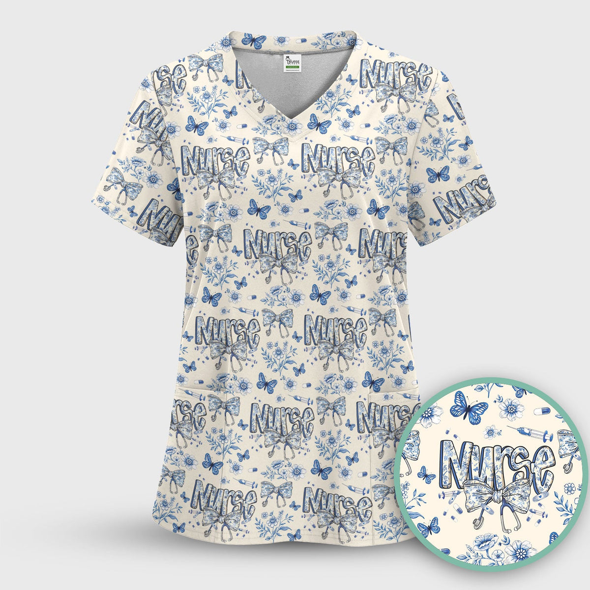 Blue Nurse Bow Butterfly Floral Scrub Set