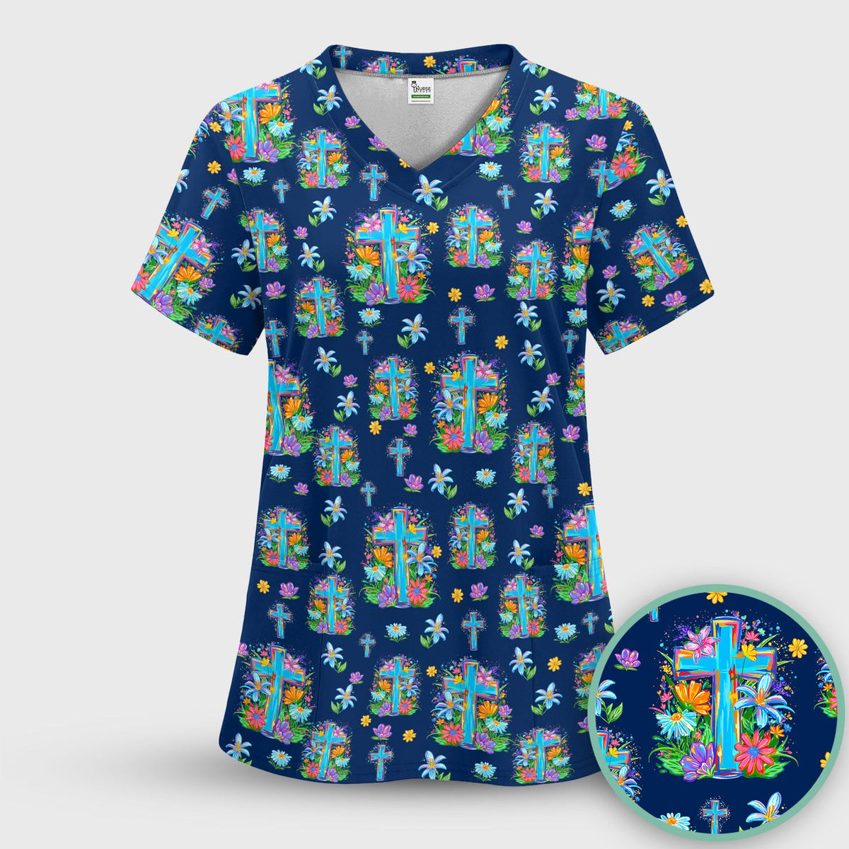 Christian Floral Cross Spring Nurse Scrub Set