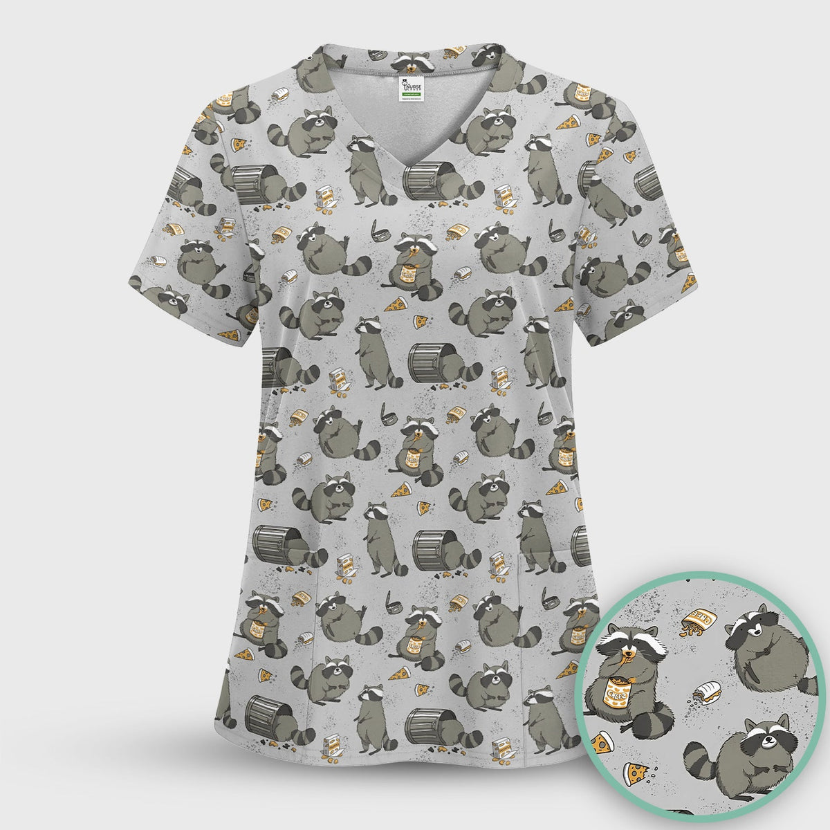 Raccoon Snack Trash Can Nurse Scrub Set