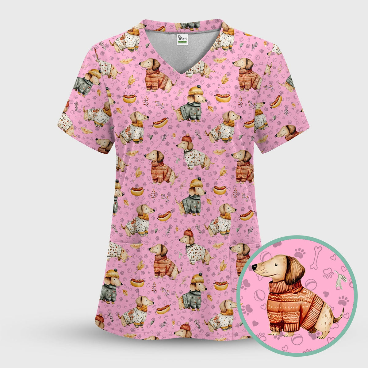Autumn Dachshund Scrub Top - Cute Wiener Dog Nurse Shirt for Women - Cozy Fall Medical Uniform RN CNA LPN Thanksgiving Gift