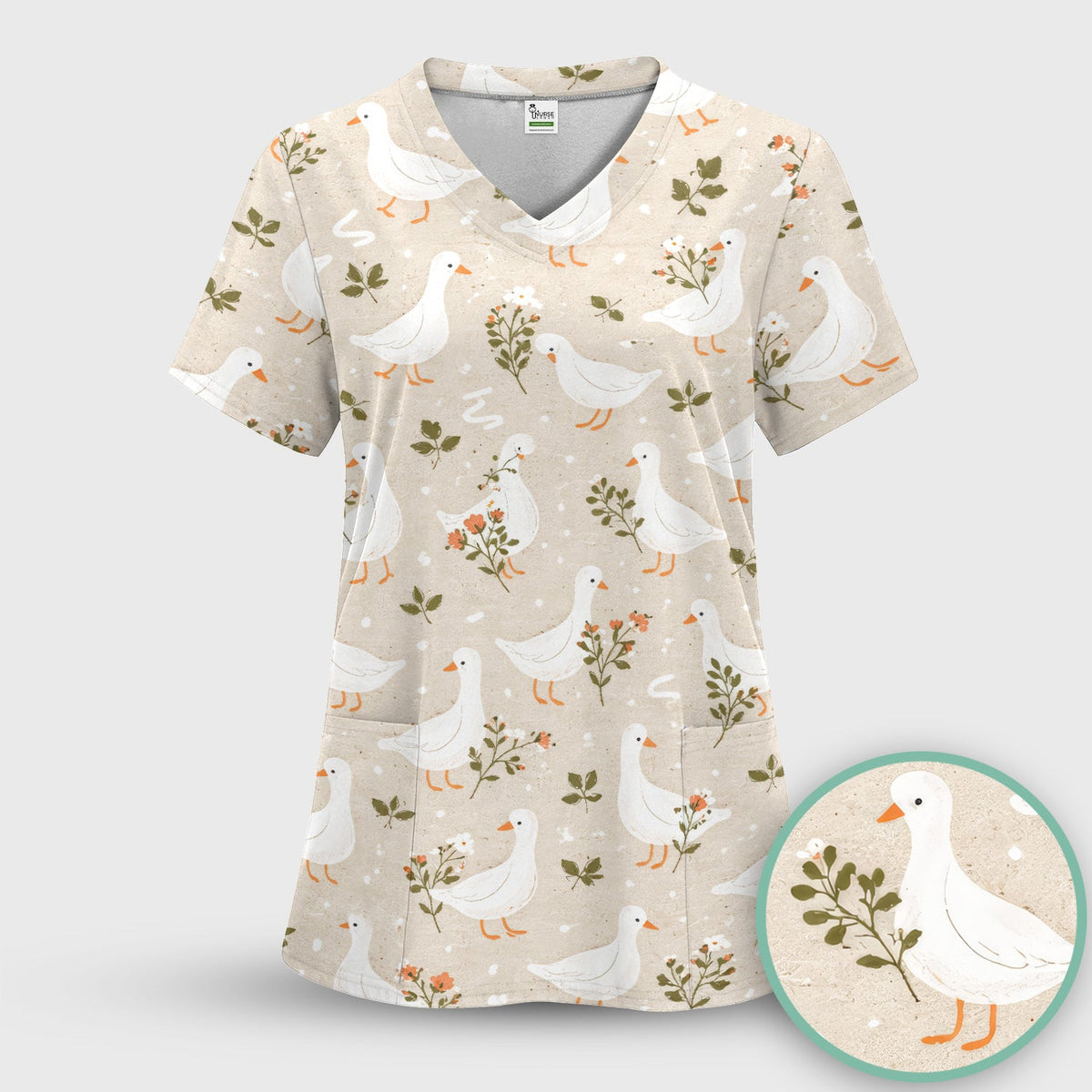 White Goose Floral Meadow Nurse Scrub Set