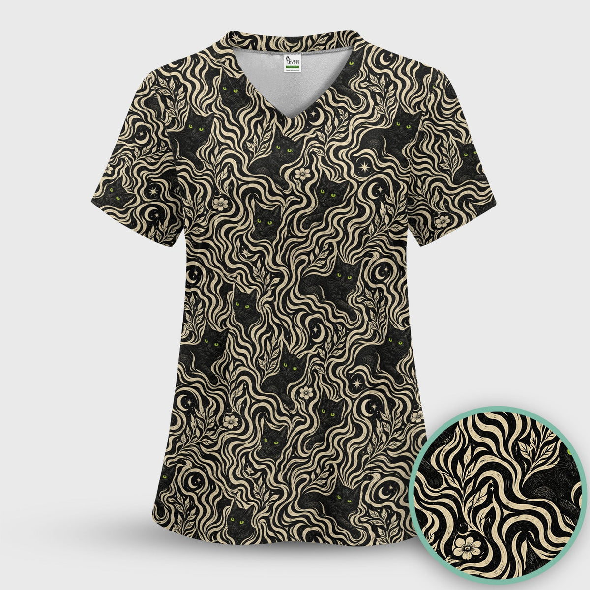 Mystical Black Cat Moonlit Nurse Scrub Top