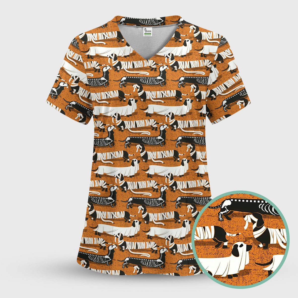 Dachshund Skeleton Nurse Scrub Top - Halloween Gift