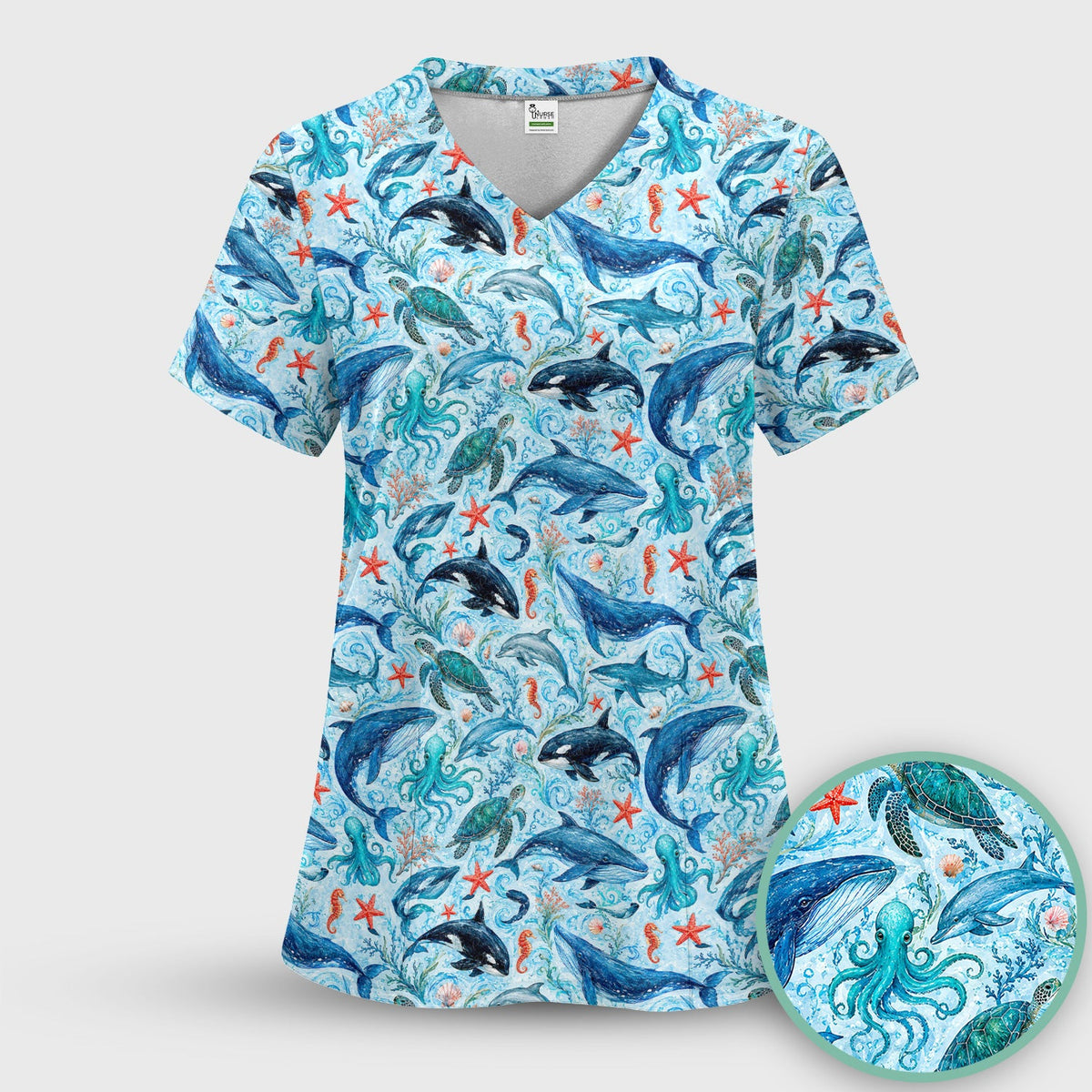 Watercolor Ocean Wildlife Scene Nurse Scrub Set