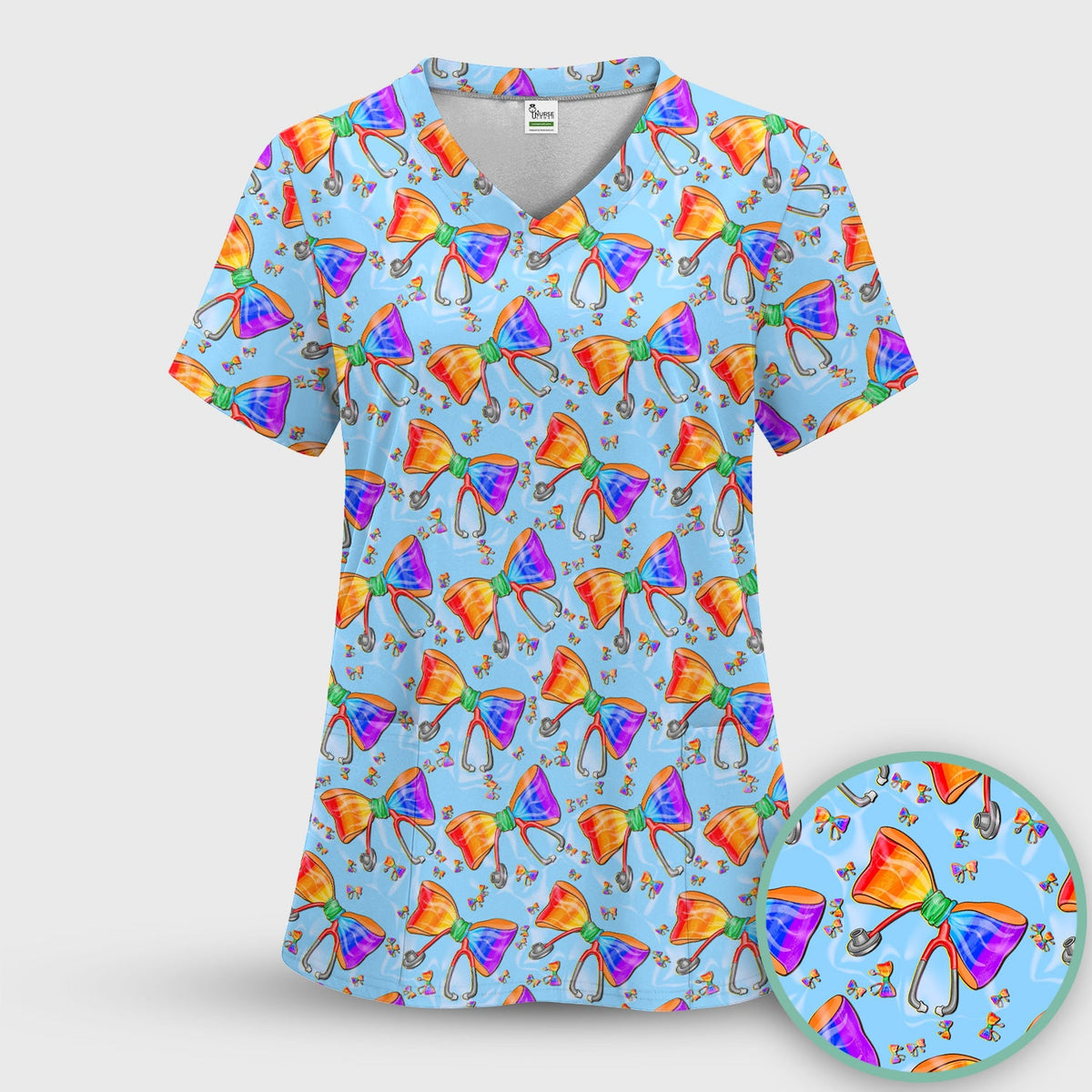 Colorful Rainbow Bow Stethoscope Nurse Scrub Top
