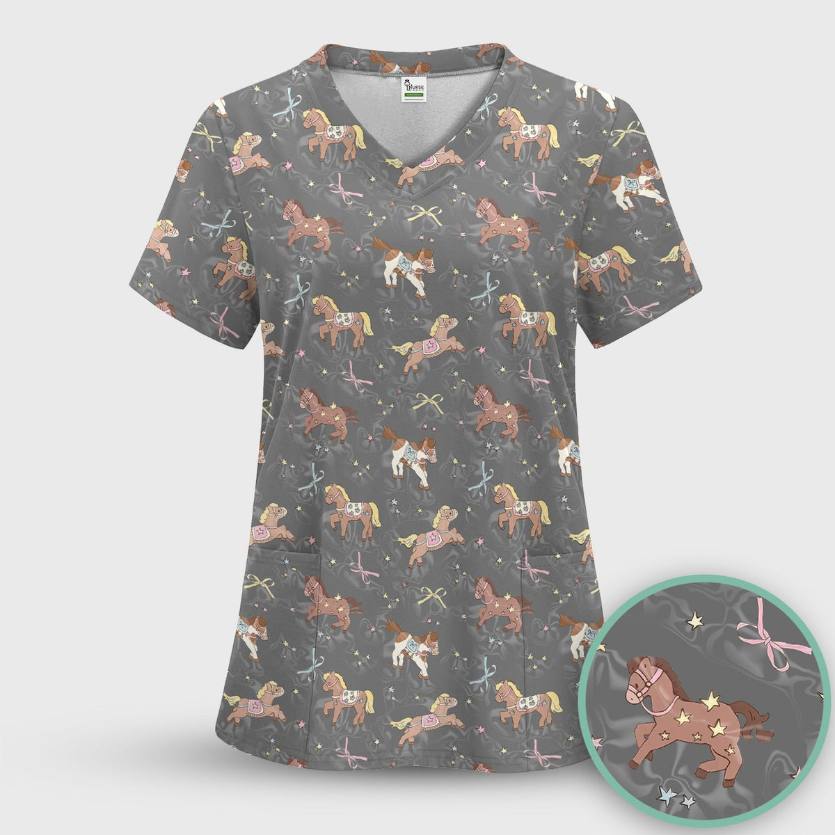 Cute Pony Star Pattern Scrub Set, Breathable Med Uniform