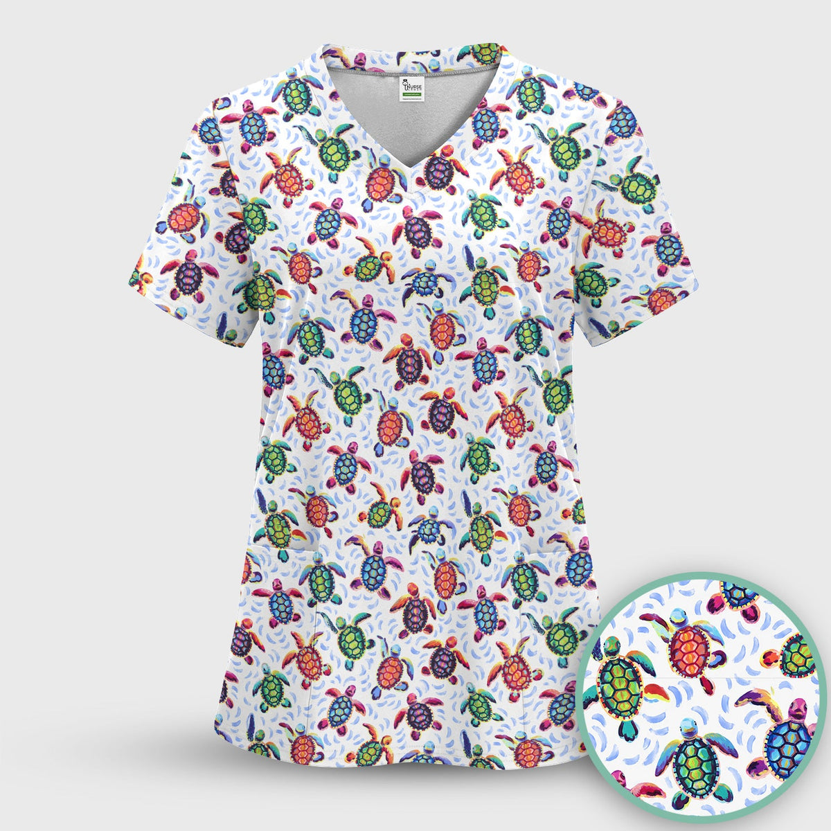 Colorful Sea Turtle Wave Nurse Scrub Top