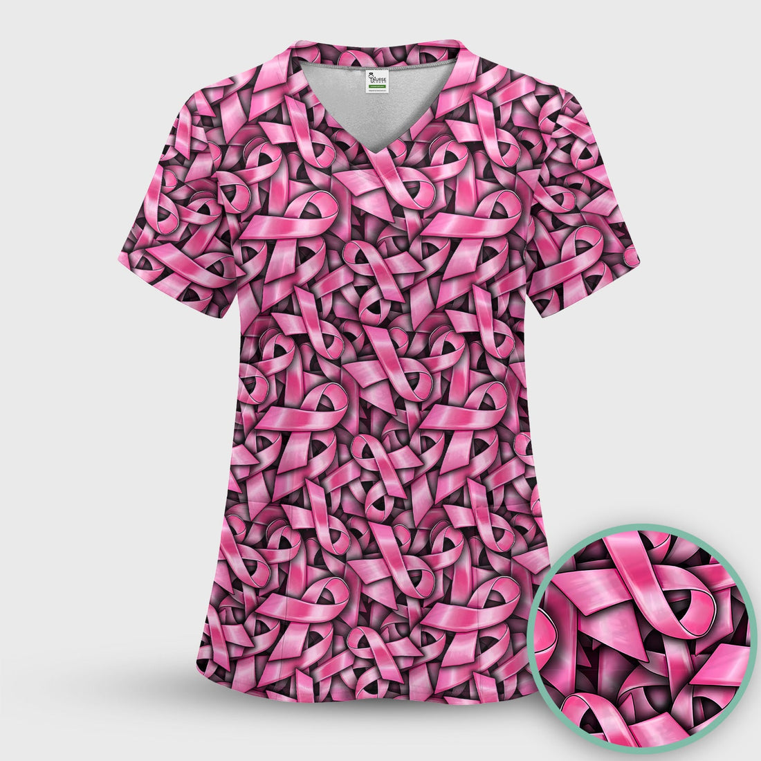 Breast Cancer Ribbon Oncology Nurse Scrub Top