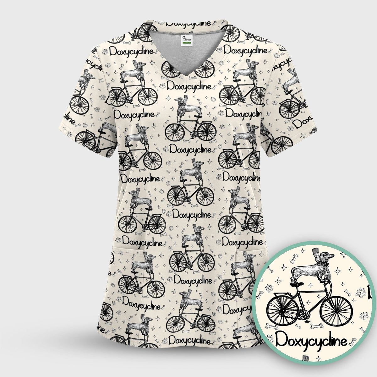 Funny Doxycycline Dog Bicycle Print Scrub Top, Comfortable Scrubs for Nurses