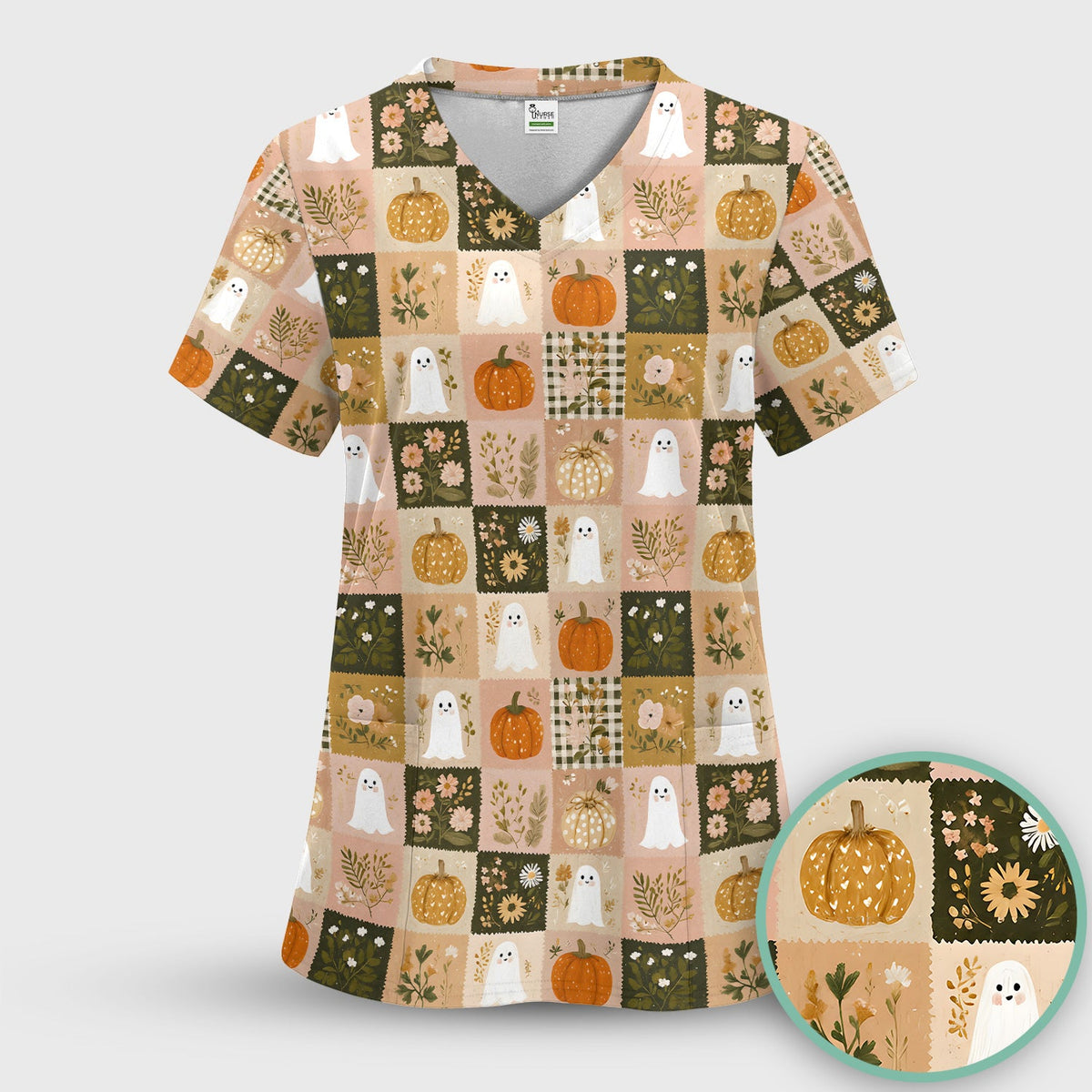Halloween Ghost Pumpkin Patchwork Nurse Scrub Set