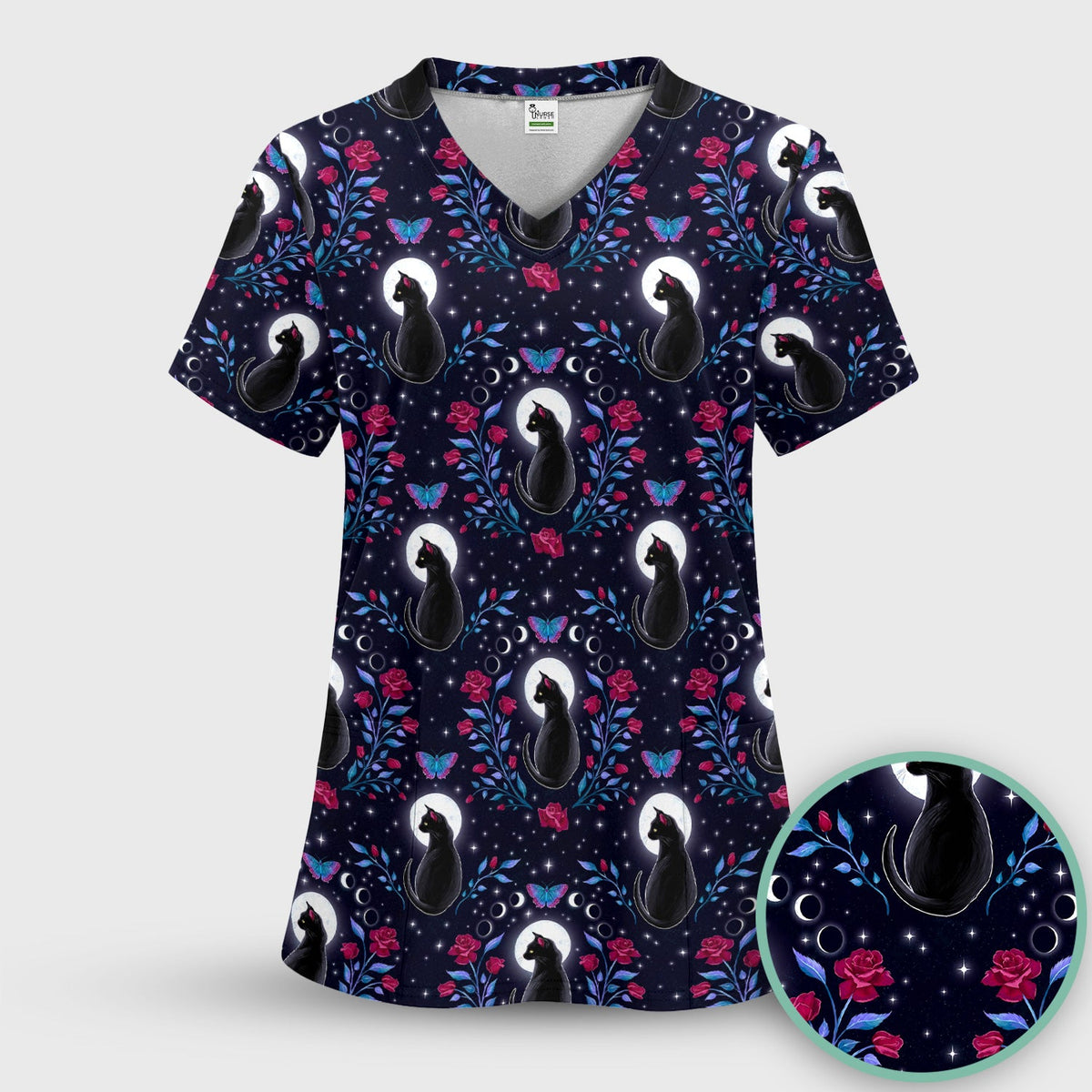 Black Cat Moon Rose Nurse Scrub Set