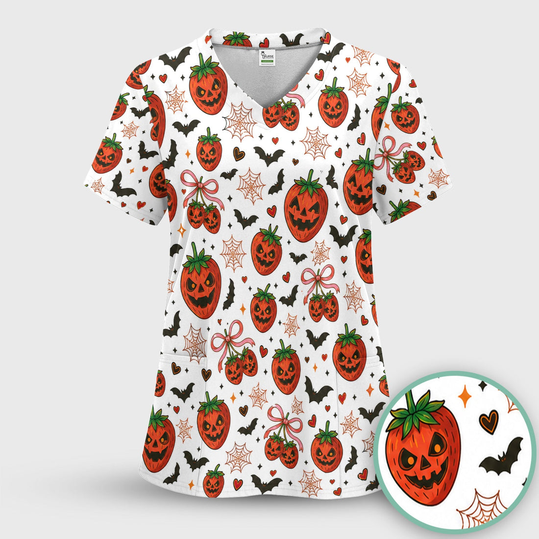 Sweet Halloween Strawberry Jack O Lanterns Nurse Scrub Top
