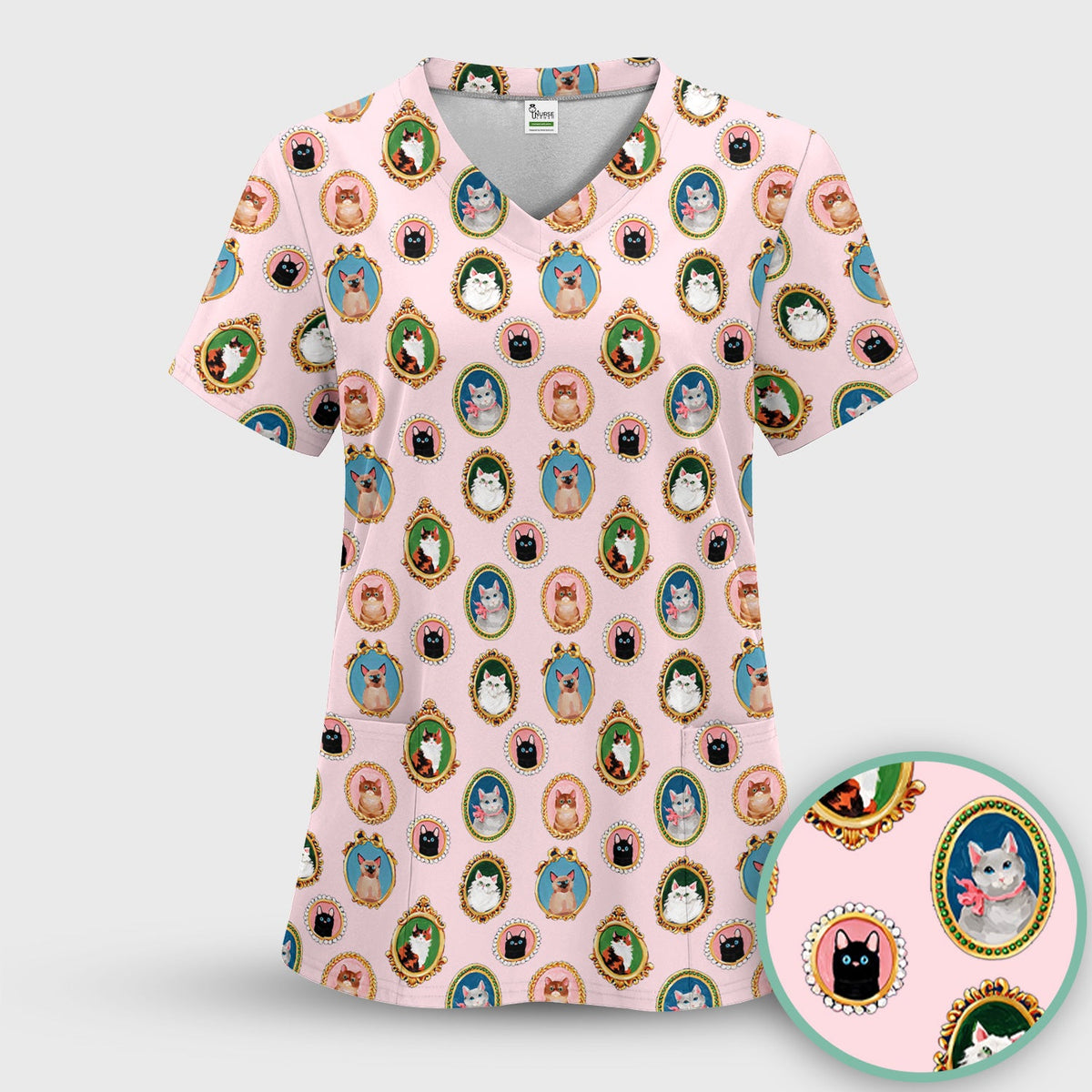 Vintage Cat Portrait Nurse Scrub Set