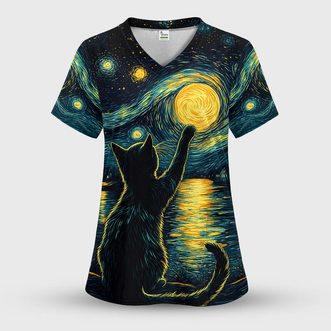 Starry Moonlit Black Cat Nurse Scrub Top