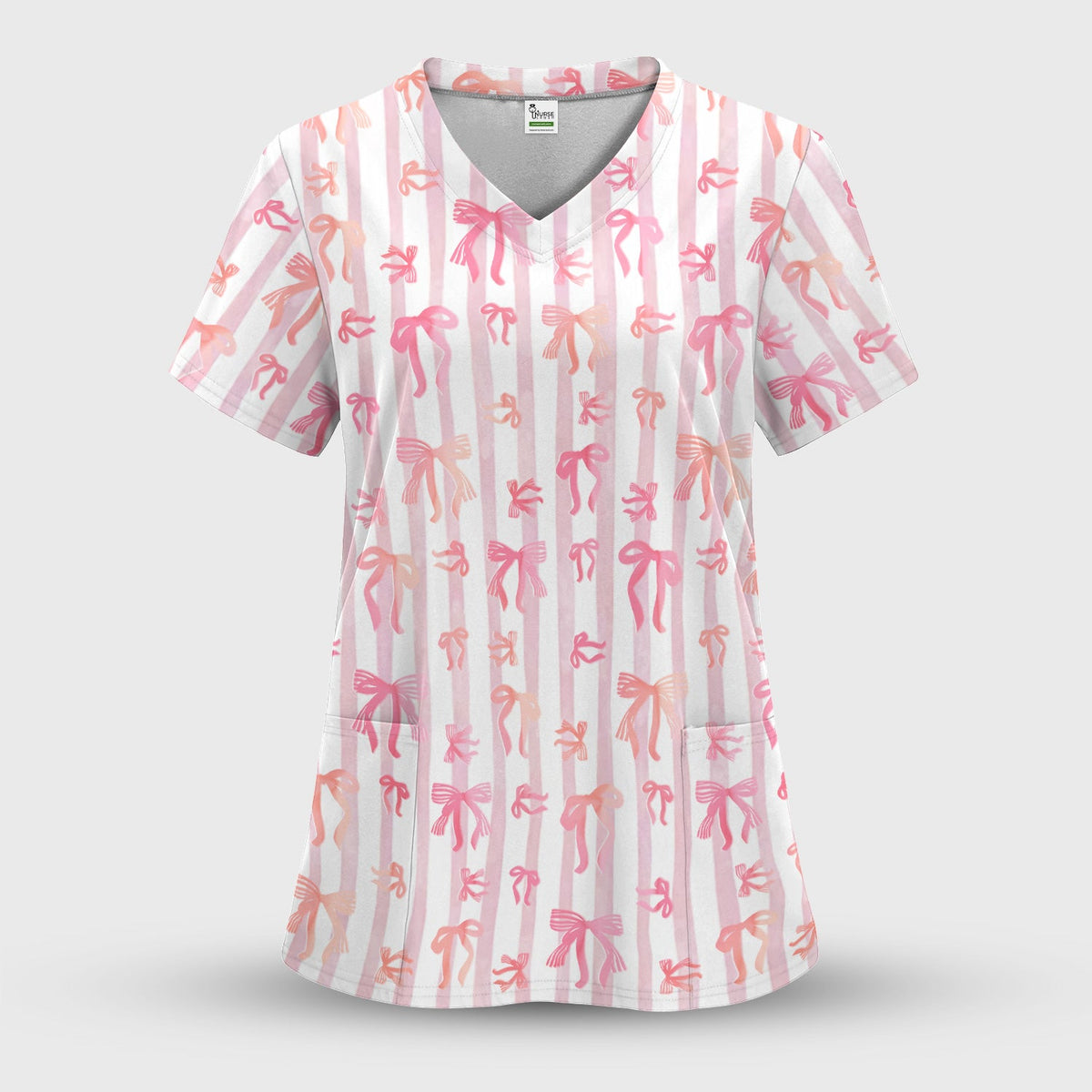 Pink Bow Stripe Nurse Scrub Top