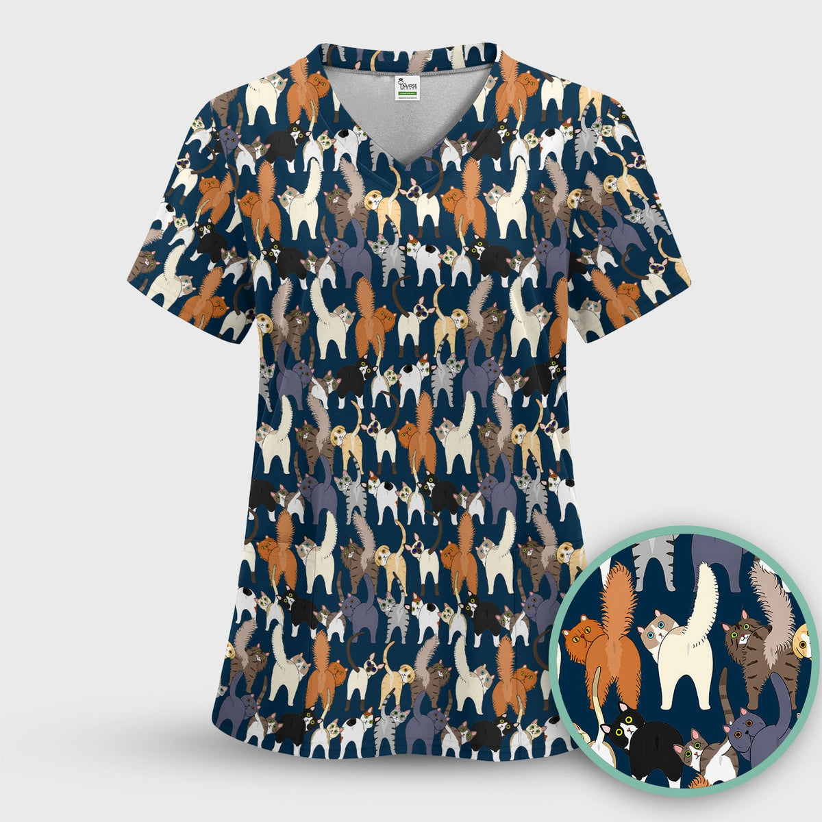 Whimsical Multicolor Cat Cartoon Nurse Scrub Top