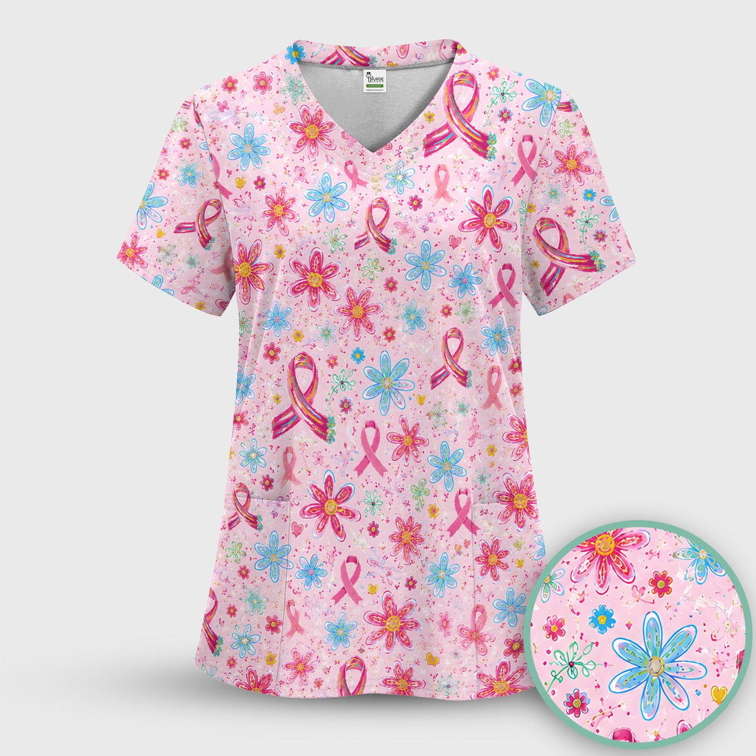 Floral Breast Cancer Awareness Nurse Scrub Top