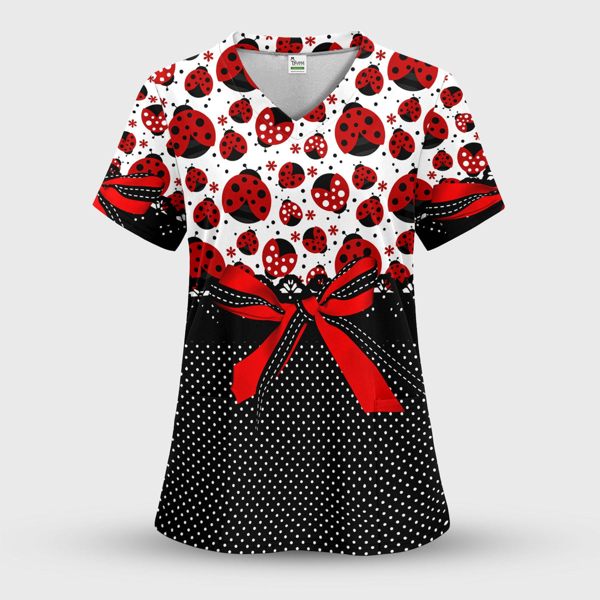 Cute Ladybug Red Ribbon Polka Pattern Scrub Top, Breathable Fabrics Nursing Uniform