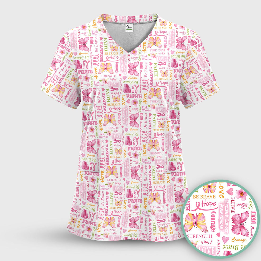 Breast Cancer Pink Ribbon Butterfly Nurse Scrub Top