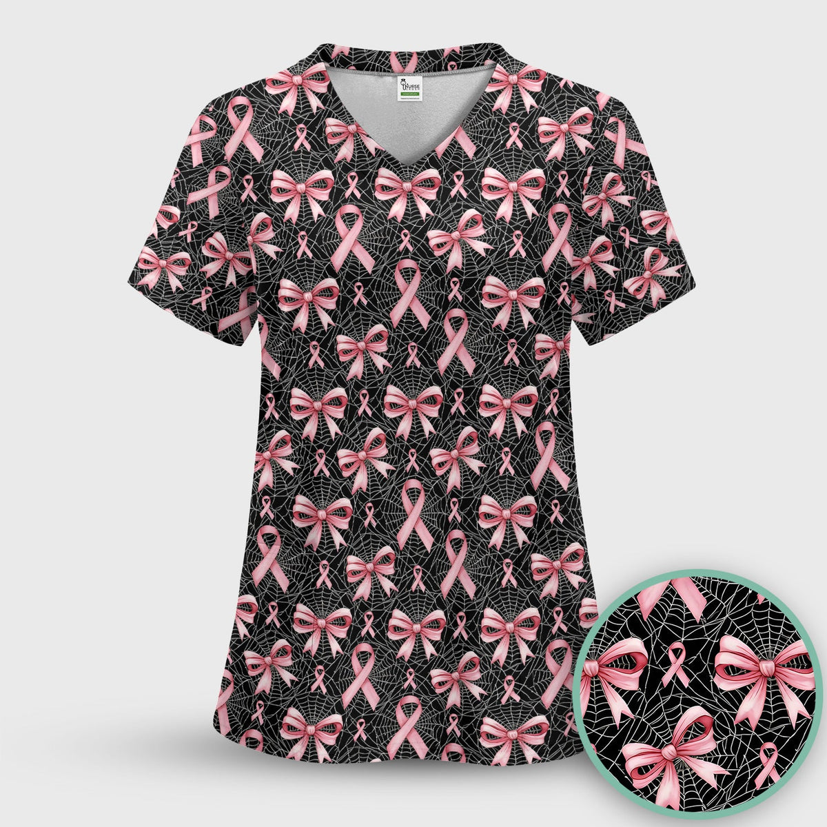 Pink Ribbon Pattern Nurse Scrub Set