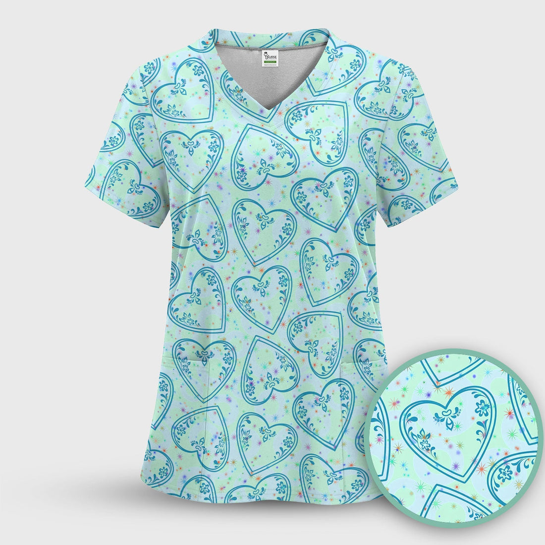 Valentine Heart Scrub Top For Women, Hearts Pattern Nurse Shirt, Comfortable Scrubs For Nursing