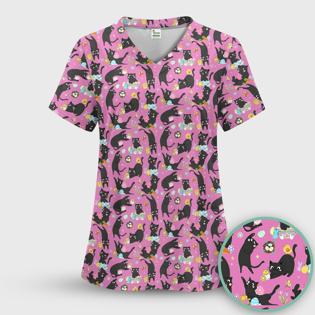Black Cat Easter Egg Nurse Scrub Top