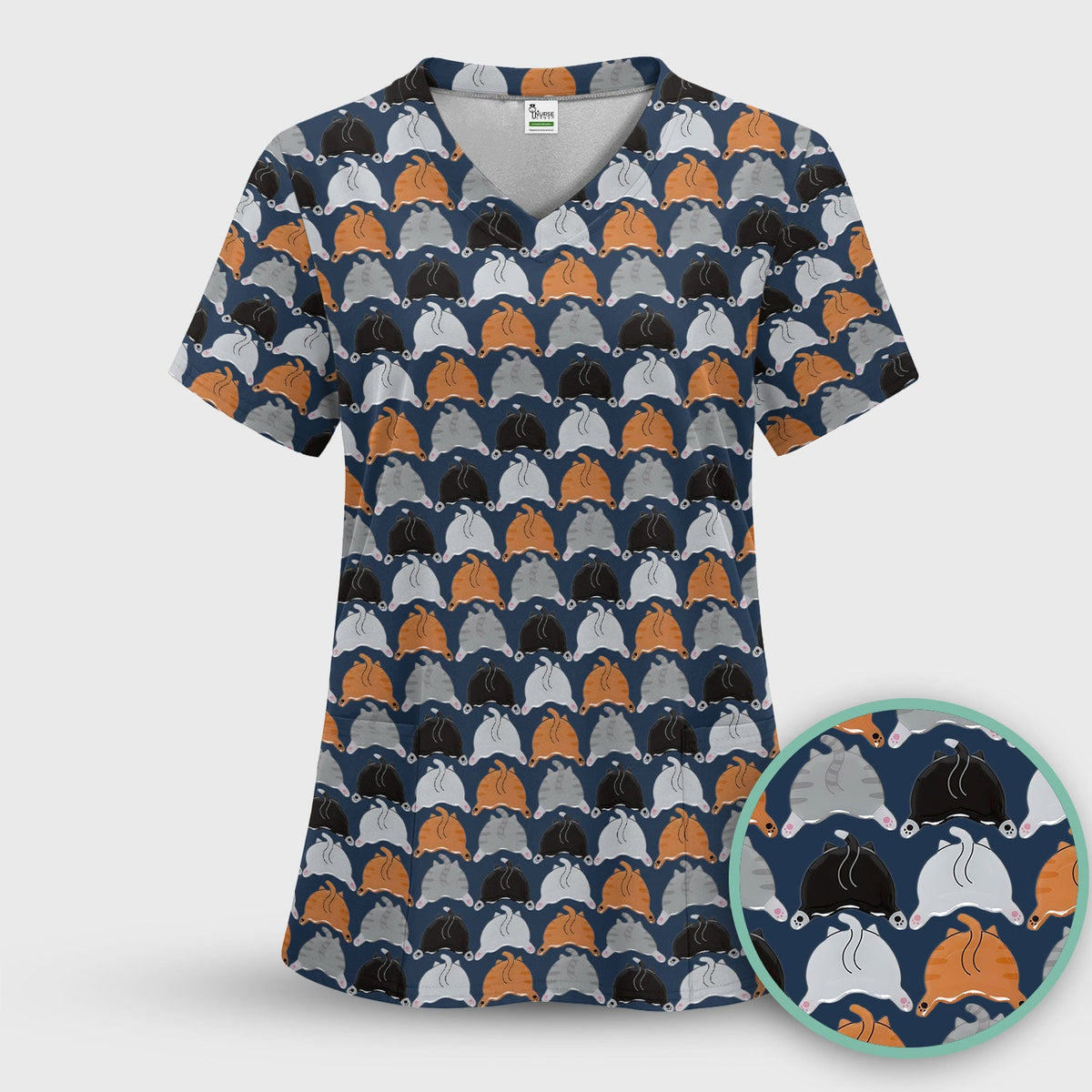 Multicolor Cat Nurse Scrub Top