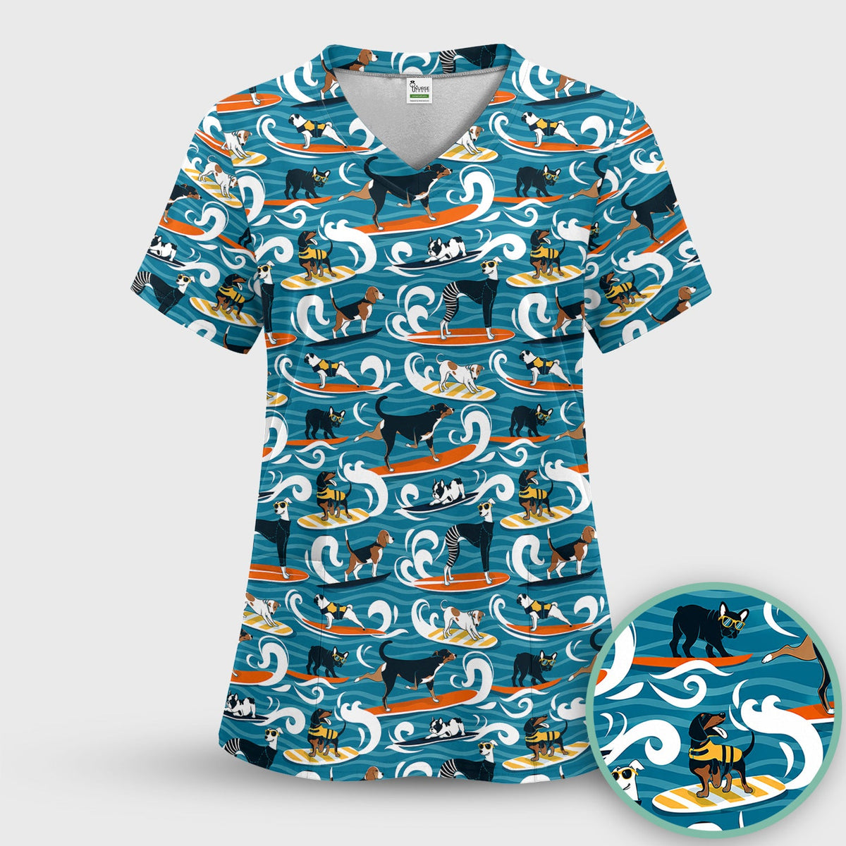 Surfing Dogs Ocean Wave Nurse Scrub Top