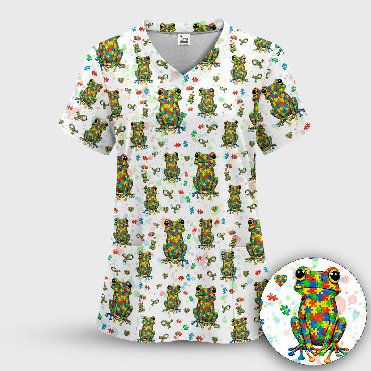 Colorful Autism Puzzle Frog Nurse Scrub Top