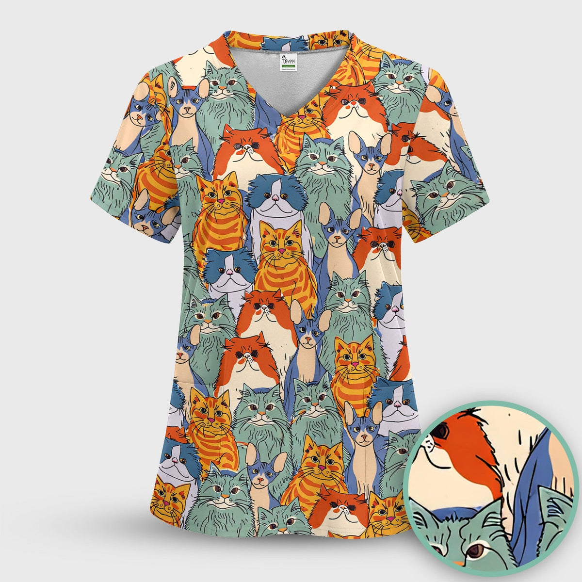 Multicolor Cat Faces Nurse Scrub Top