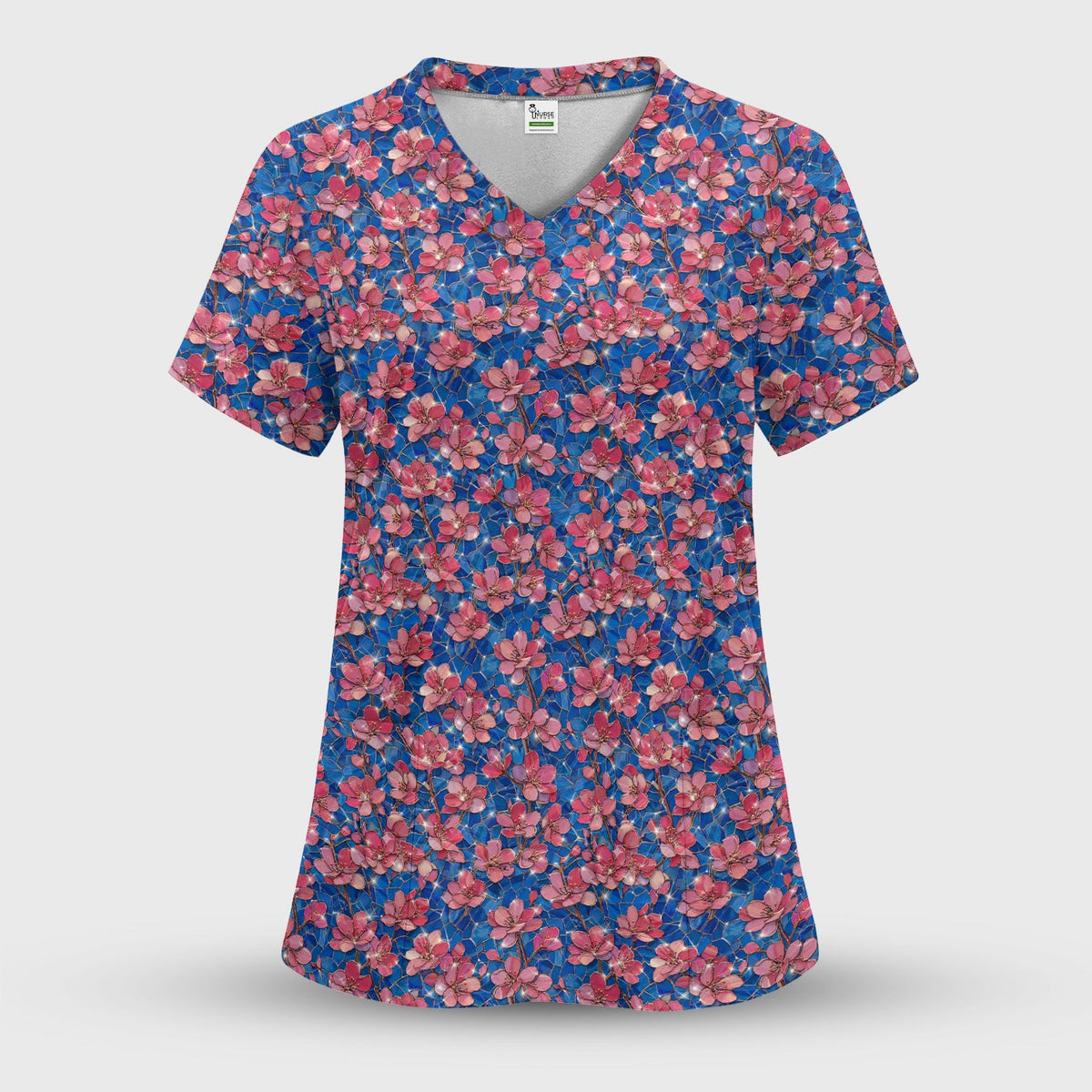 Pink Cherry Blossom Floral Nurse Scrub Top