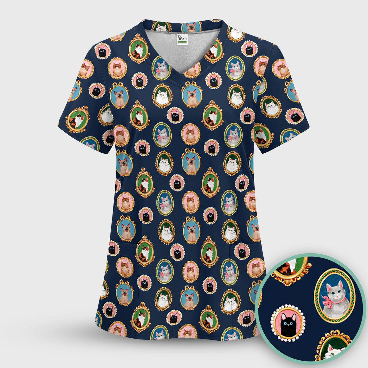 Vintage Cat Portrait Nurse Scrub Set
