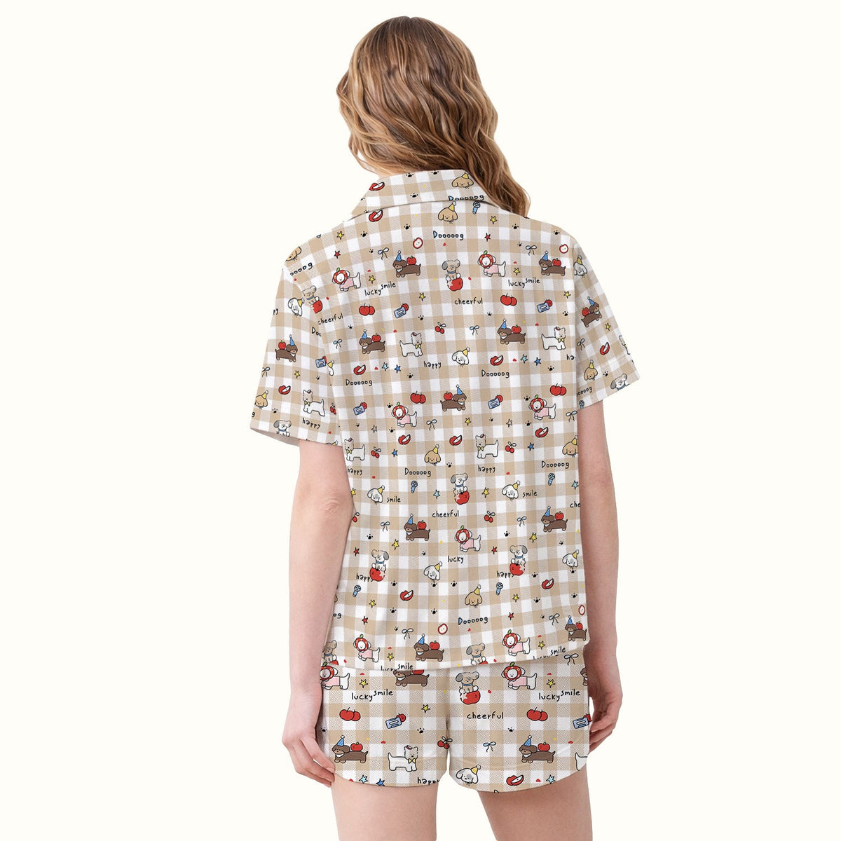 Cartoon Puppy Apple Gingham Pajama Set