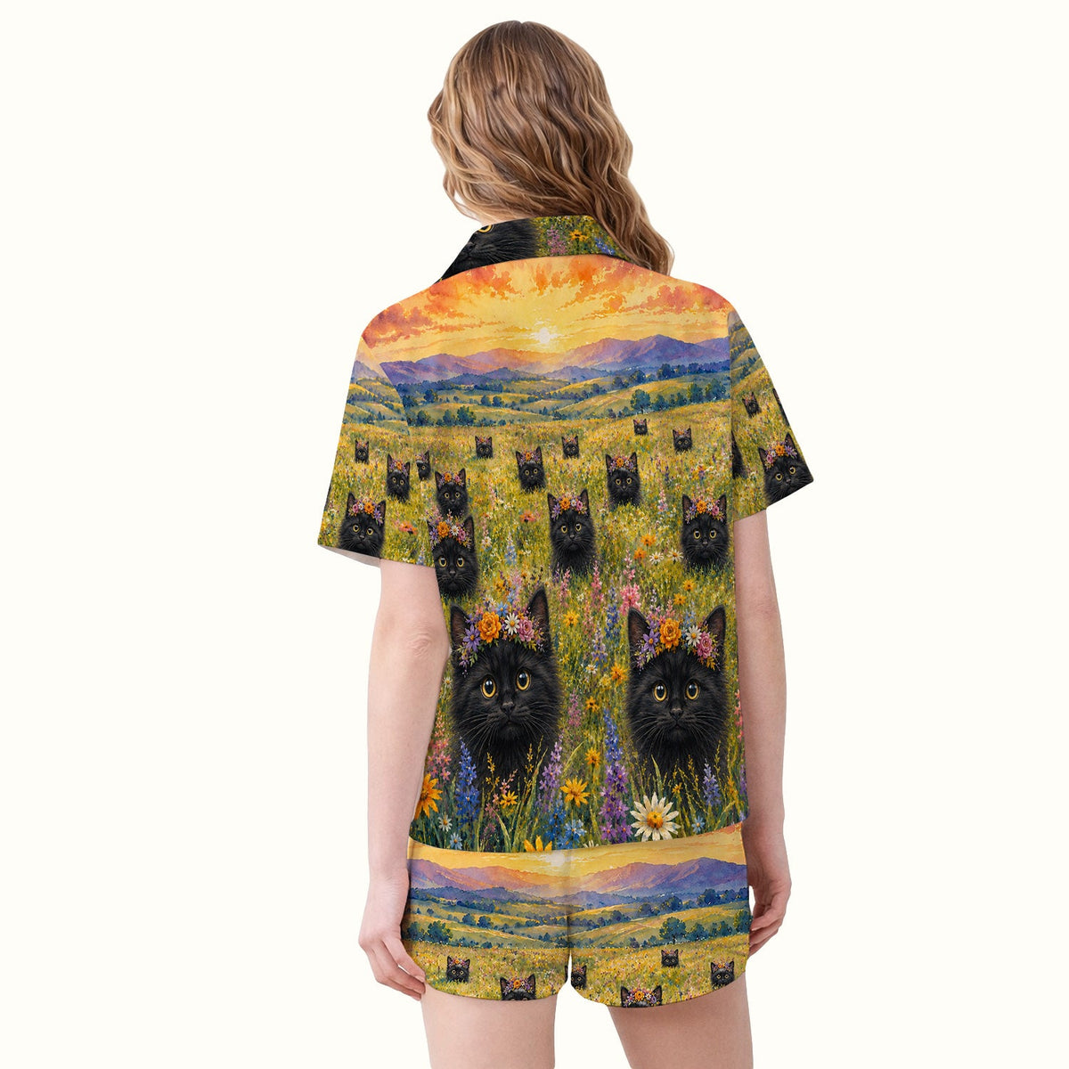 Black Kitten Flower Meadow Pajama Set