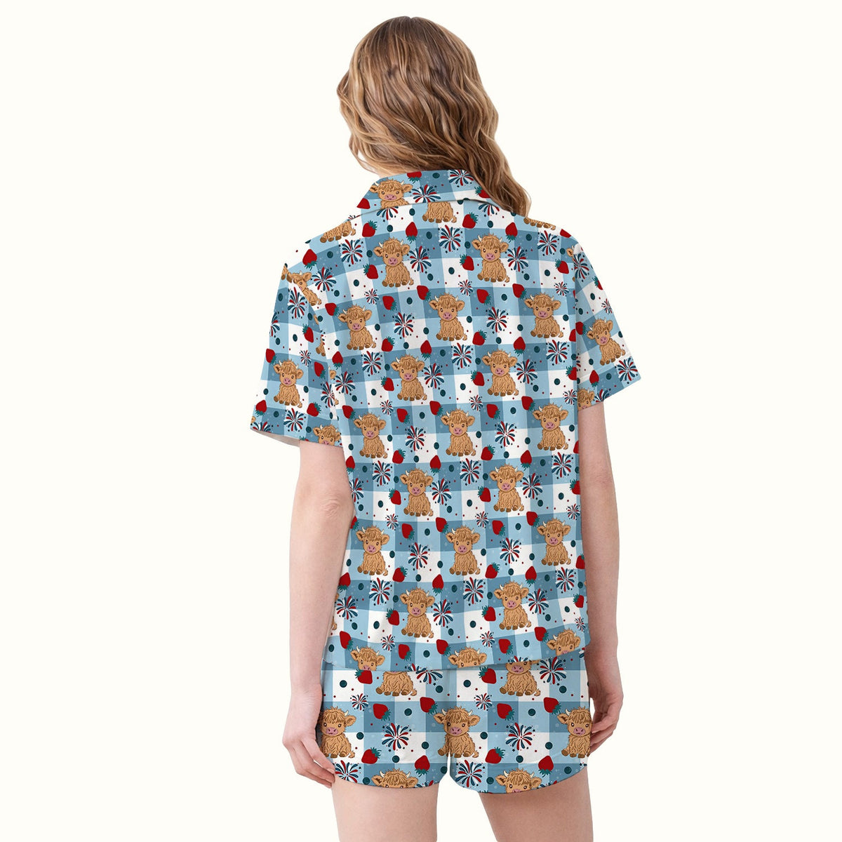 Highland Cow Strawberry Gingham Pajama Set For Nurse