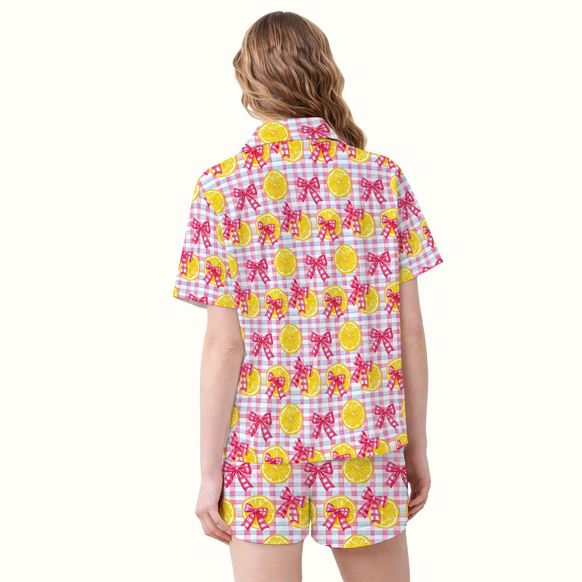 Lemon Slice Pink Bow Gingham Pajama Set