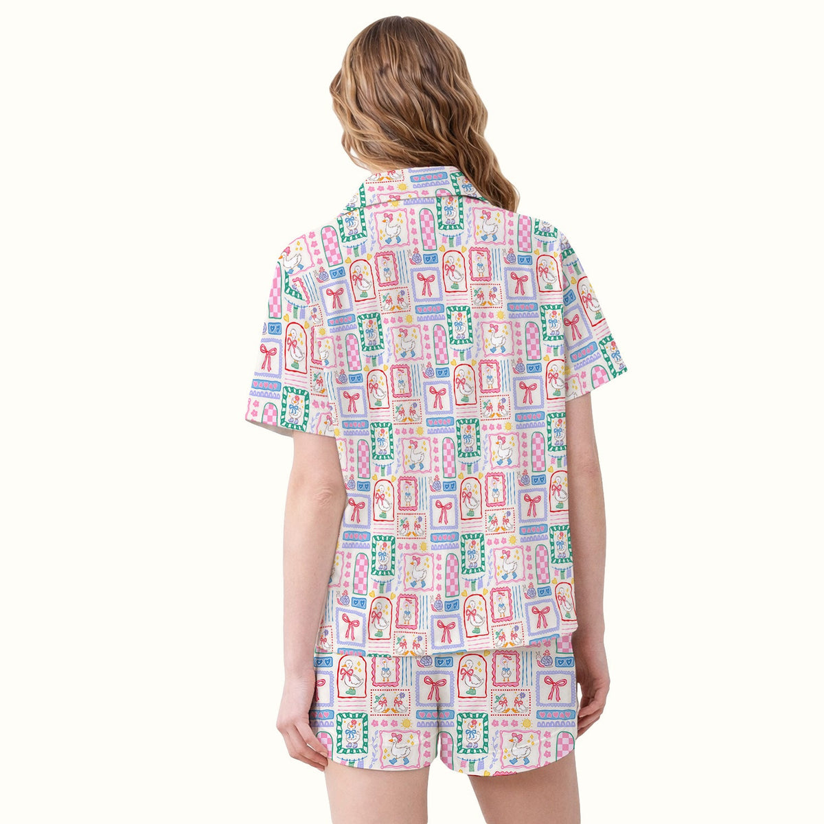 Adorable Goose Ribbon Patchwork Frame Pajama Set