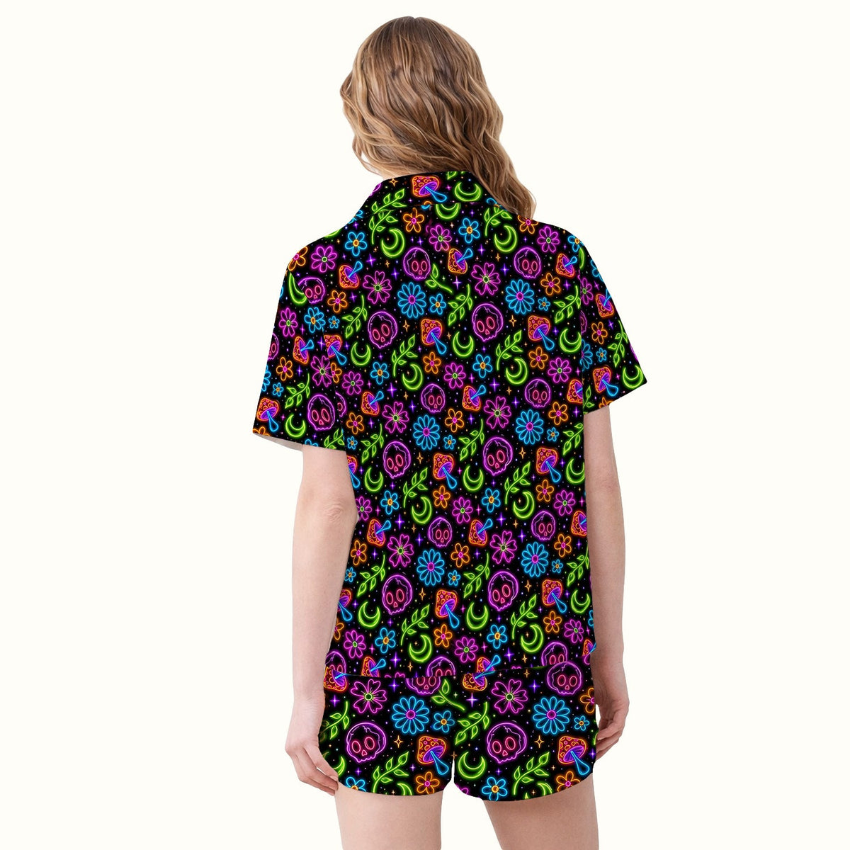 Neon Skull Mushroom Floral Nurse Pajama Set